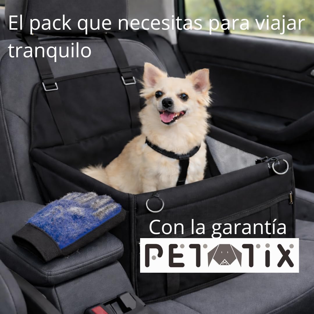 Transportín para Perros y Gatos para Coche | Asiento Seguro y Reforzado con Correa de Seguridad | Impermeable, Plegable y Universal | Incluye Manopla para Quitar Pelos | 40x40x32 cm