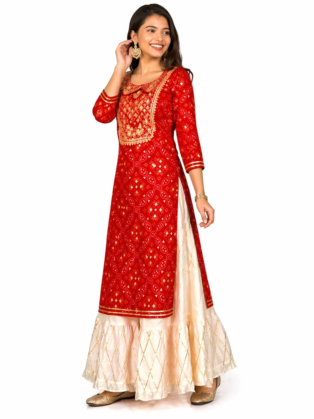 Women’s Rayon 3/4 Sleeves Long Kurta with Sharara Set | Red Karwa Chauth Special Kurti with Neck Embroidery | Festive Ethnic Wear for Diwali, Eid, Wedding & Family Functions-picture-44