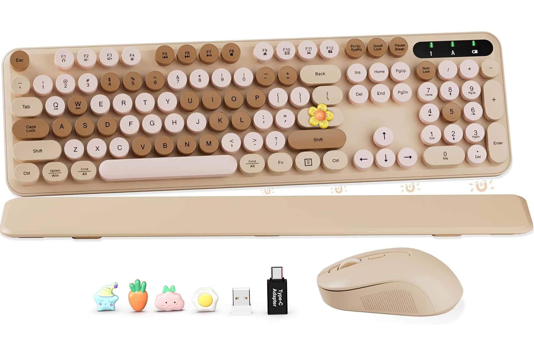 Wireless Keyboard and Mouse Combo, Round Keycaps, Full-Size Retro Typewriter Keyboard with Detachable Wrist Rest, Sleep Mode & Tilt Legs, 2.4GHz Cordless Connection for Mac/Windows/PC (Latte)