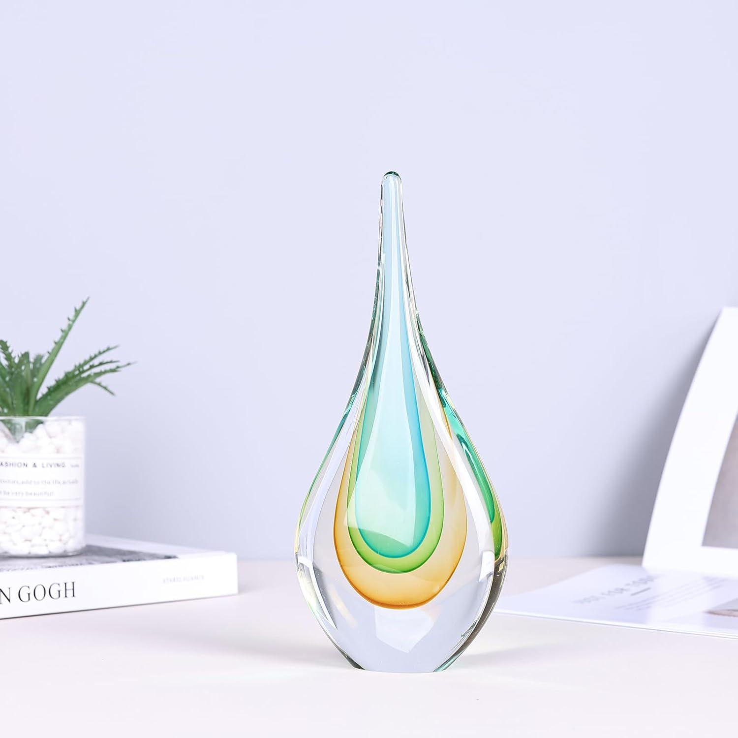 Hand Blown Glass Sculpture, Unique Mediterranean Style Decor, Glass Figurine with Crystal-Like Finish, Decorative Paperweights for Office Desk, Living Room, Bedroom, Cabinets (Yellow-Green) - Image 5