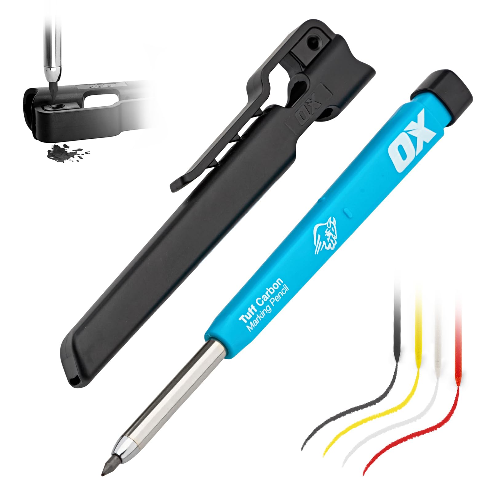 OX Tools Carpenter Pencils Mechanical Set – Heavy Duty Construction Pencil with Belt Clip, Sharpener, Holder & 4 Refillable 2.8mm Leads – Precision