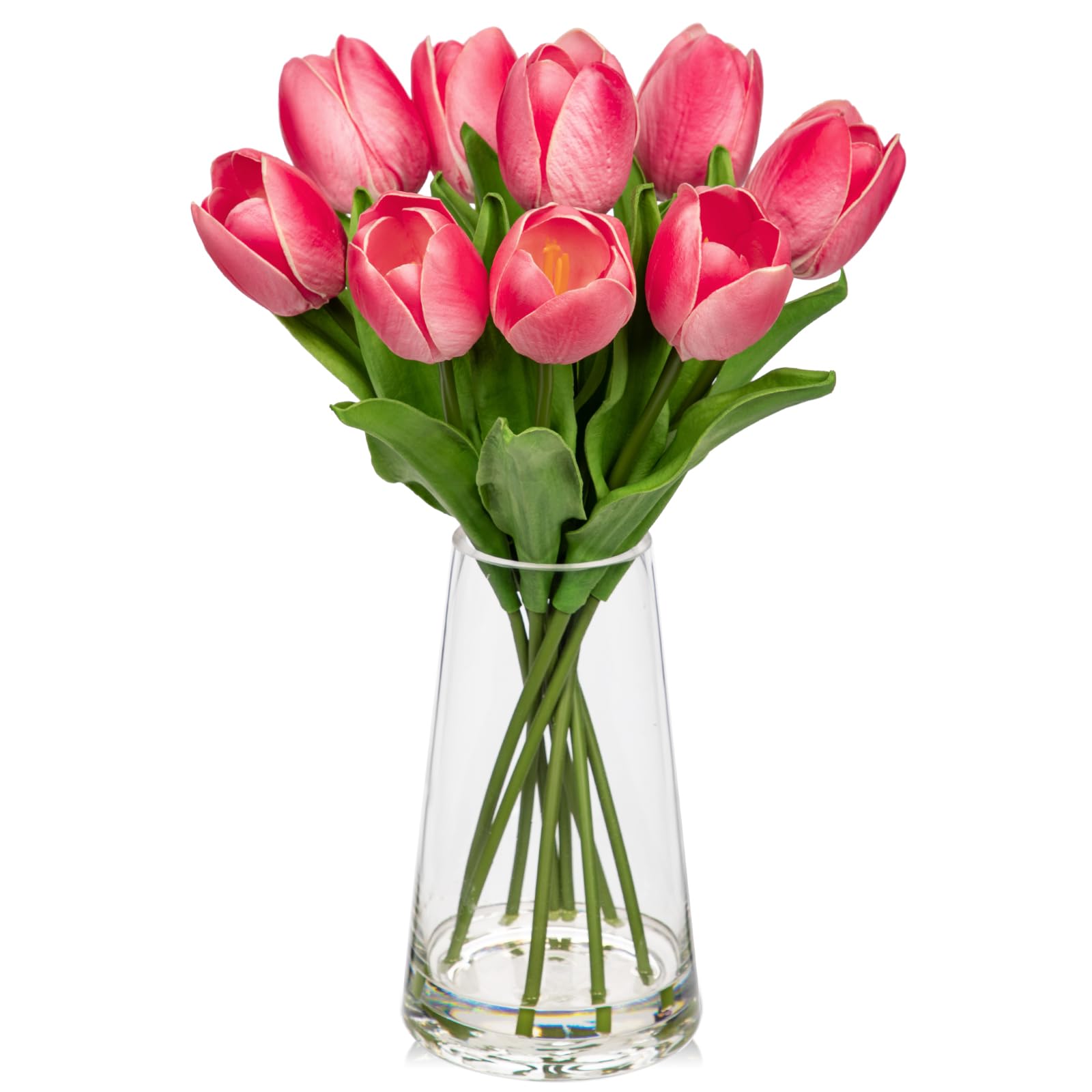 Fake Tulips Artificial Tulip Flowers in Glass Vase with Faux Water, Pink