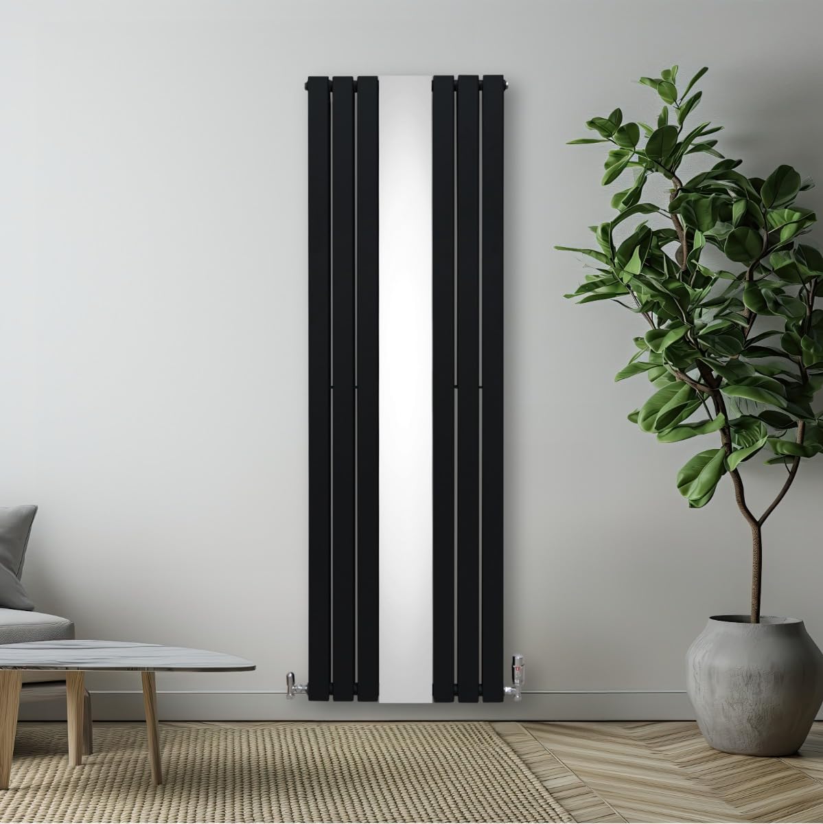 Radiatore con specchio 1800mm x 565mm e valvole TRV cromate Radiatore di design a doppia colonna verticale in acciaio al carbonio Nero Kit di fissaggio e staffe con spazzola di pulizia
