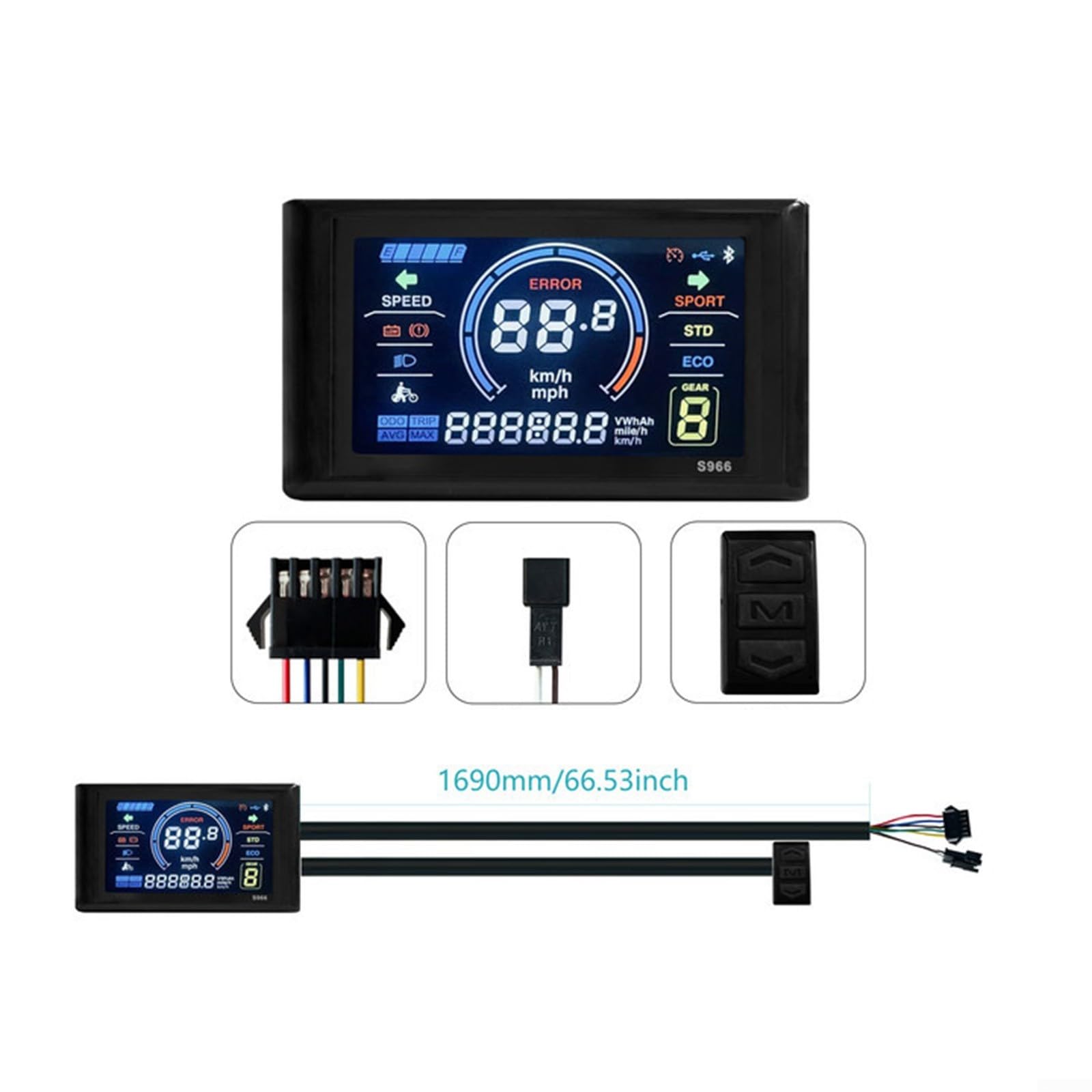 Écran LCD pour vélo électrique, 24-72 V LCD-S966 - Grand écran - Étanche IP65 - Pour vélo électrique
