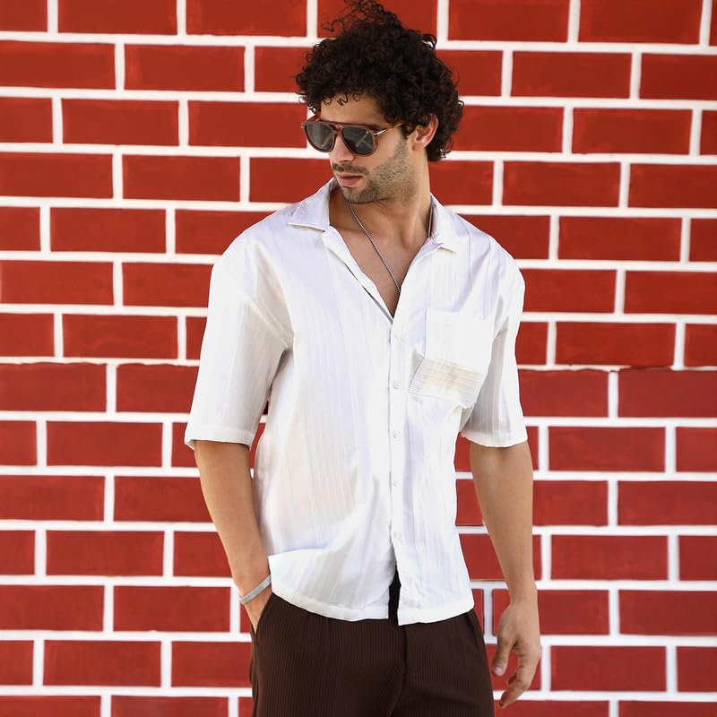 Image of CAHOOT Men's Oversized Shirt for Casual Wear | Cuban Collar | Short Regular Sleeves | Button Closure | Oversized Shirt Crafted with Comfort Fit for Everyday Wear