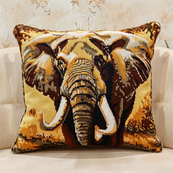 Kitquiver Latch Hook Kits Cushion for Adults Elephant Latch Hook Pillow Kits 17X17Inch DIY Handmade Pillowcase for Beginners Pre-Printed Pattern Needlework Crochet Craft Kits for Sofa Decoration