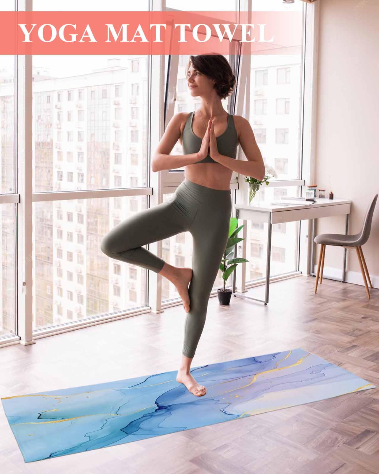 Chees D Zone Yoga Mat Towel, Marble Blue Gradient Watercolor Non Slip Hot Yoga Mat Towels with Corner Pockets, Gold Foil Abstract Ink Soft Sweat Absorbent Yoga Blankets for Hot Yoga Pilates Workout