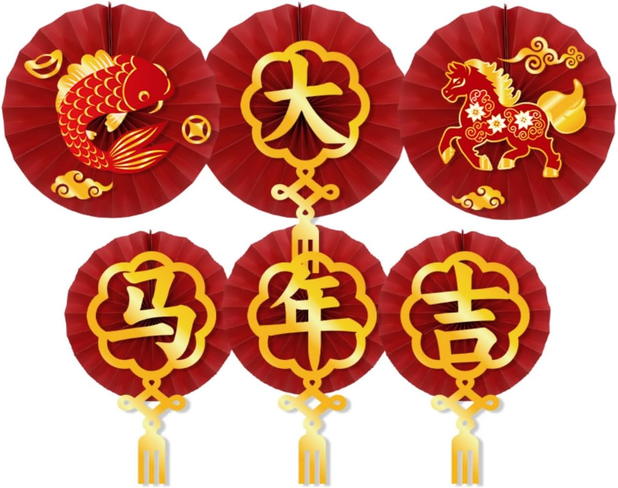 KYMY Chinese New Year Paper Fan Wall Decorations, 6PCS Red Fan Flowers for 2026 Spring Festival, Zodiac Horse Asian Lunar New Year Hanging Wall Decor