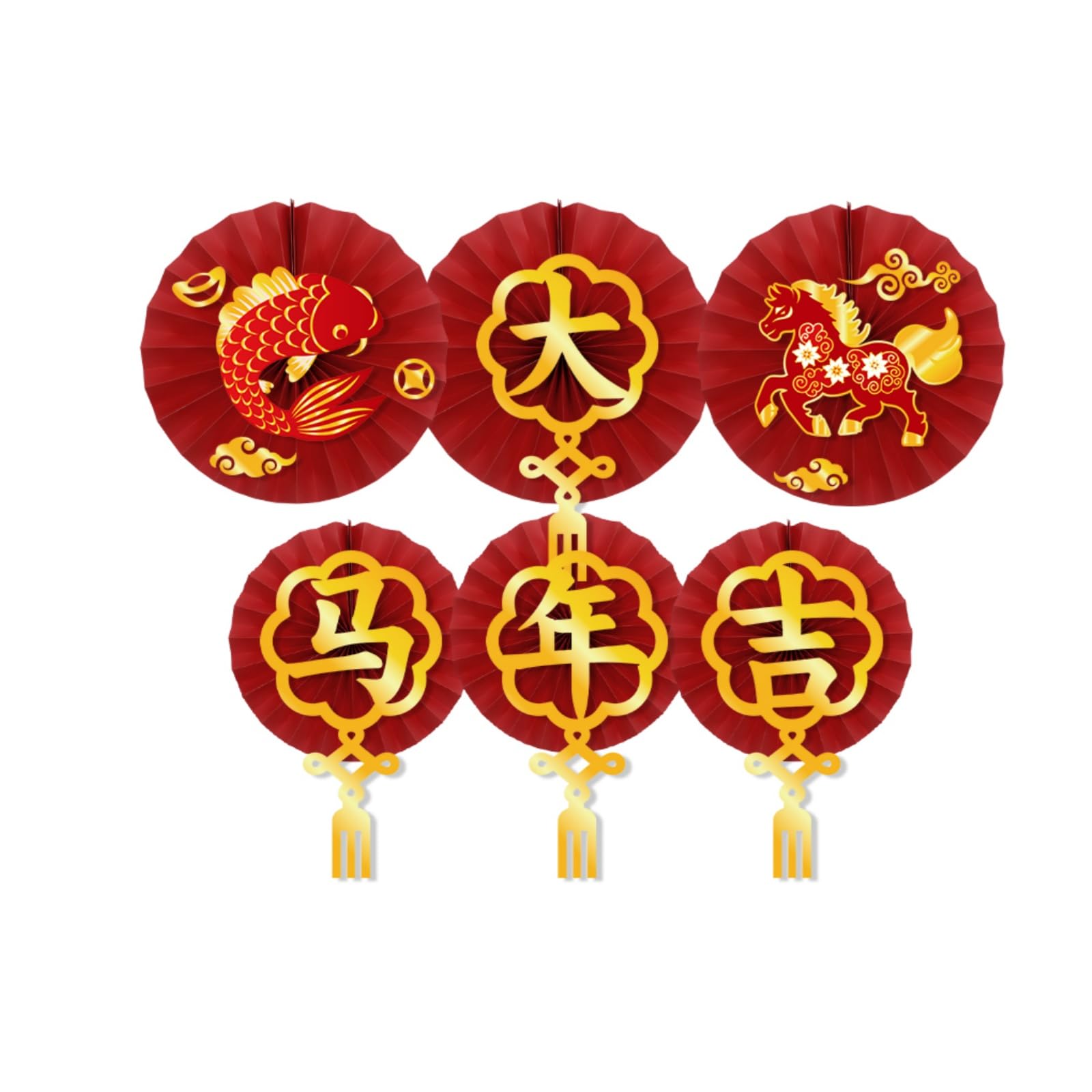 KYMY Chinese New Year Paper Fan Wall Decorations, 6PCS Red Fan Flowers for 2026 Spring Festival, Zodiac Horse Asian Lunar New Year Hanging Wall Decor