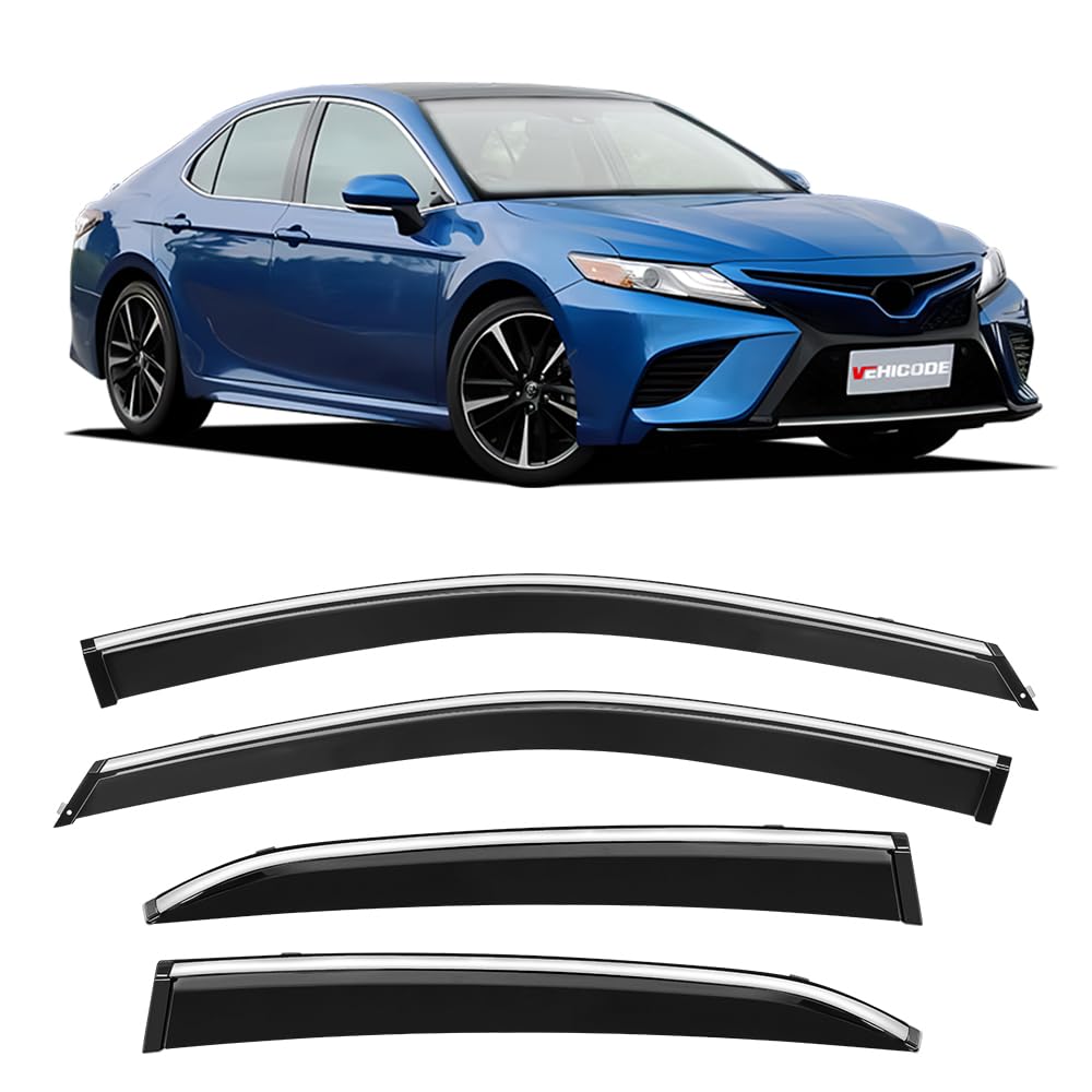 VEHICODE Side Window Visors Deflectors Rain Guards for Toyota Camry 2018-2023 2022 2021 2020 2019, Vent Wind Shade with Chrome Trim Car Accessories Outside Mount (4 Pack)