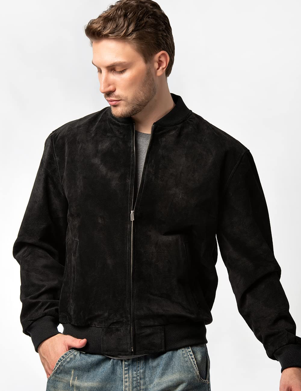 FLAVOR Men's Leather Baseball Jacket Vintage Suede Pigskin (Large, Black)