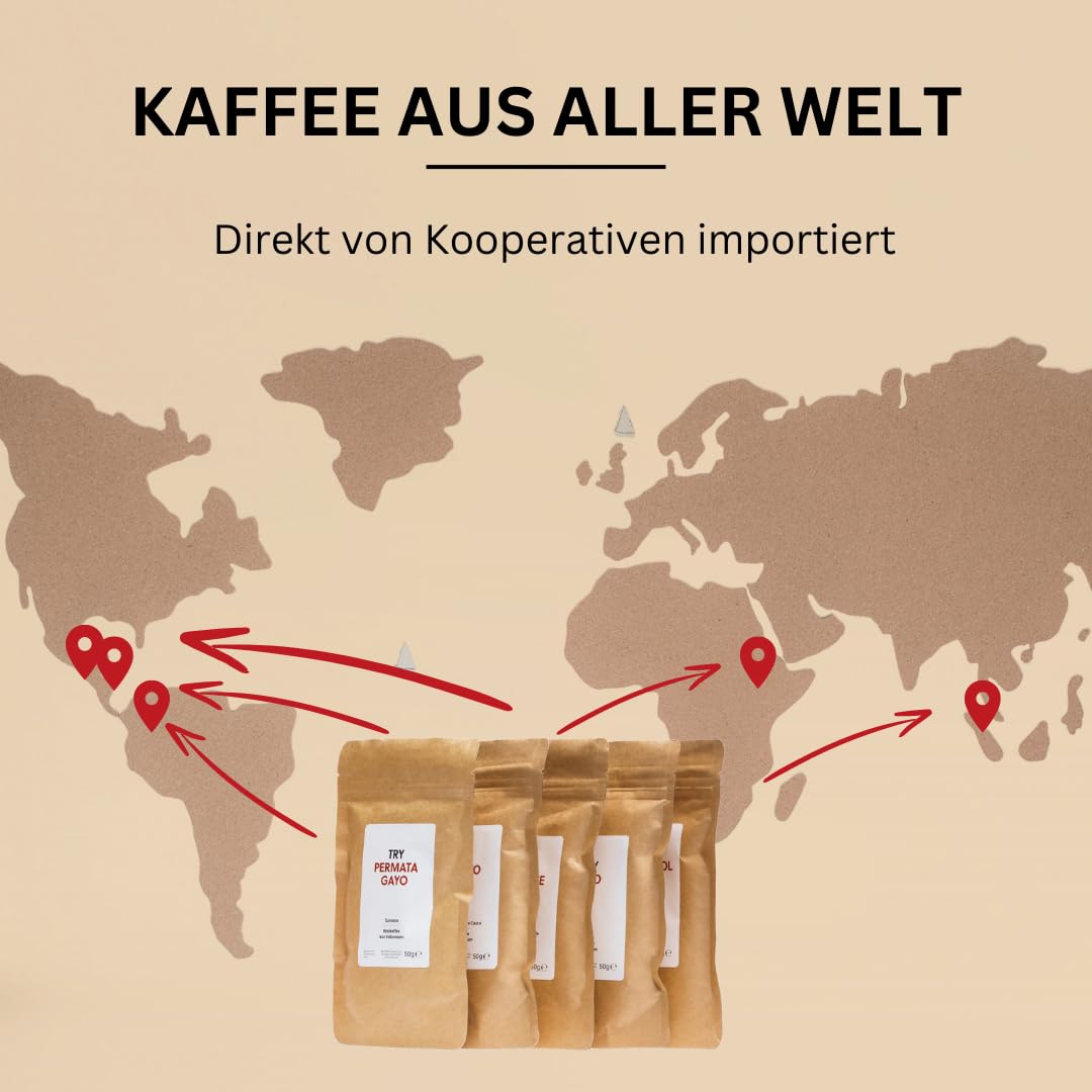 TRY Kaffee Geschenkbox, ganze Bohnen - 5x 50g Gourmet-Kaffees aus aller Welt & 1 Broschüre - die Geschenkidee für Kaffee-Liebhaber