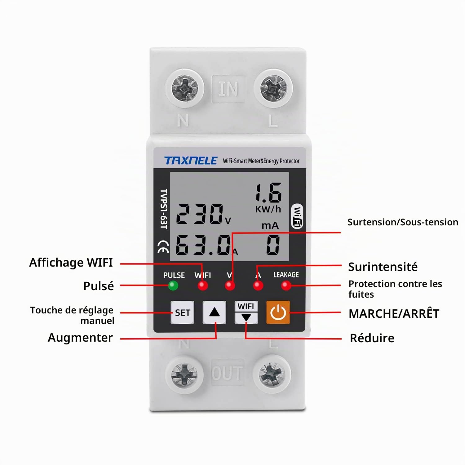 Compteur d'énergie intelligent Wi-Fi CA 63A 80-300V Protection contre les fuites de terre intelligentes de sous-tension Relais Dispositif Interrupteur Énergie 230V Smart Life APP (Noir)