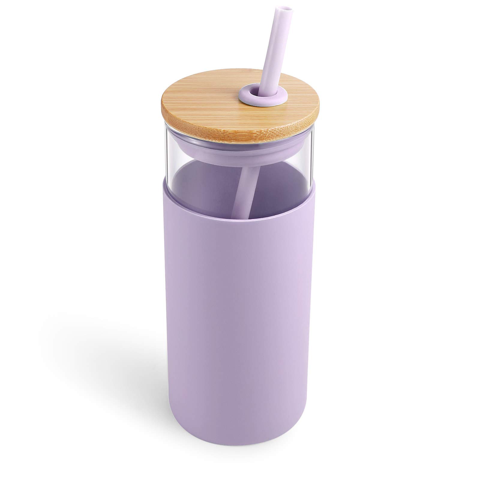 tronco 20oz Glass Tumbler Glass Water Bottle Straw Silicone Protective Sleeve Bamboo Lid - BPA Free (Light Purple)