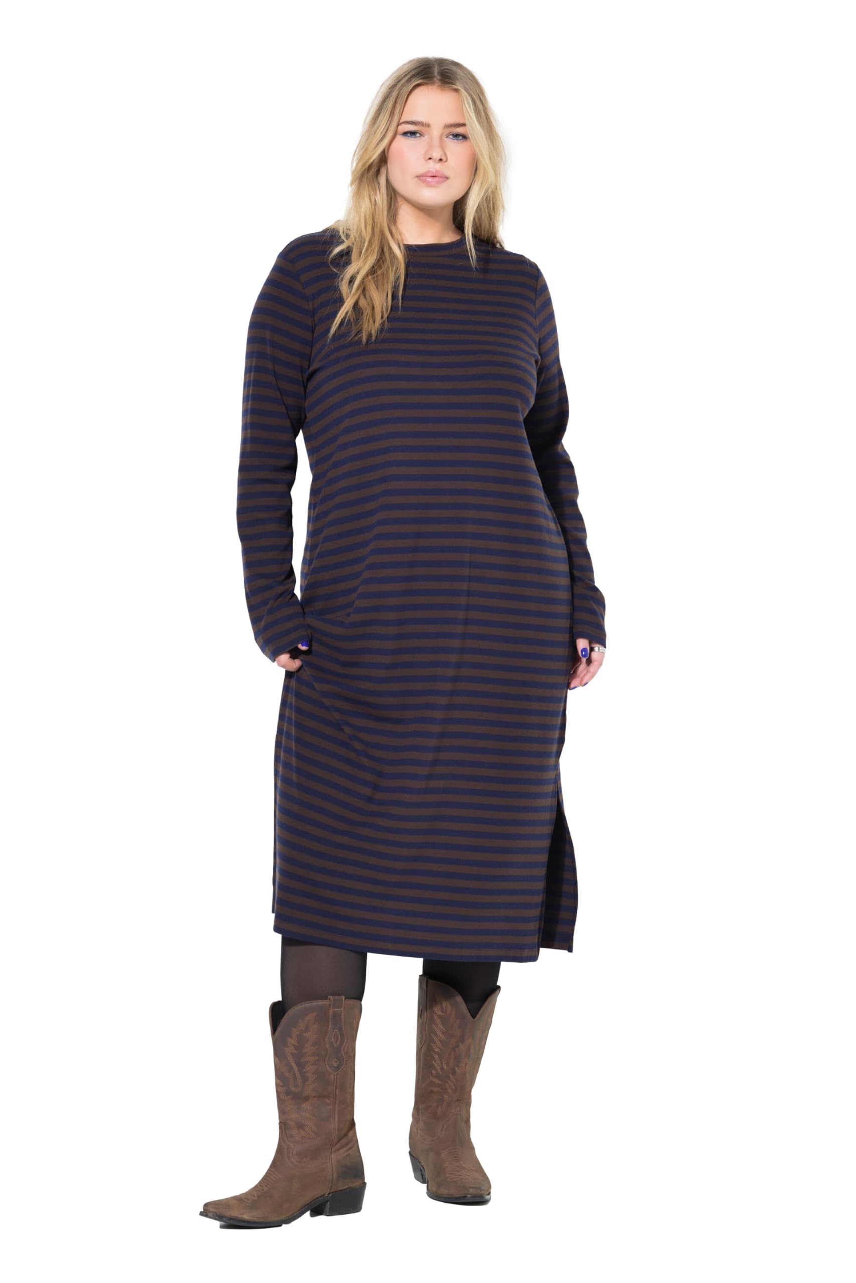 Studio Untold Damen große Größen Übergrößen Plus Size Maxikleid, Rippjersey mit Ringeln, Langarm 844837