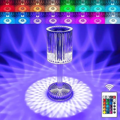 WEIYIYI ﻿Crystal Diamond Table Lamp RGB LED Night Light with Touch and Remote Control, Bedside Lamps Nightstand Lamps, Dimmable, USB Rechargeable (U)