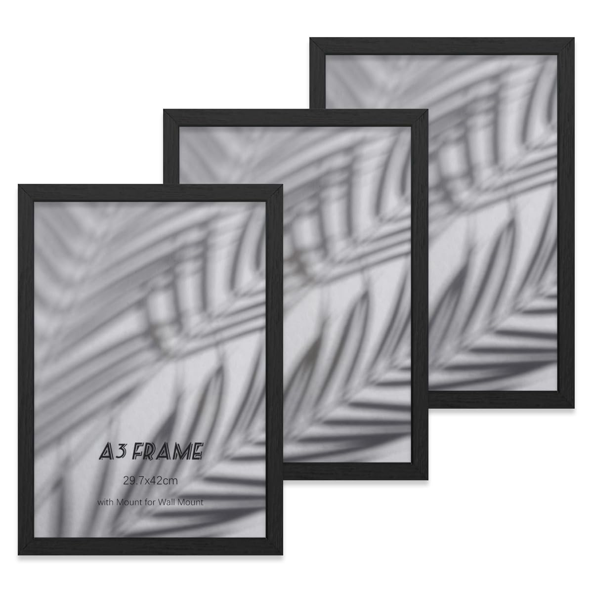 YONGHUO Bilderrahmen A3, 3 Stück MDF Holz Bilderrahmen Din A3, 29,7 x 42 cm, mit Acrylglas und Wandhaken, für Wandmontage, Schwarz