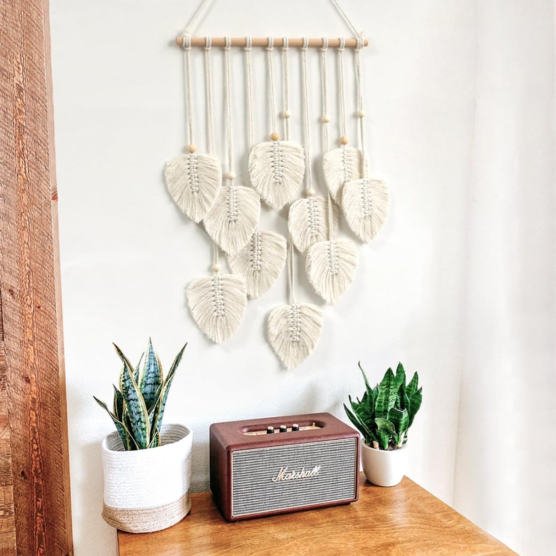 Tapiz De Pared Bohemio Hecho A Mano – Diseño De Hojas Verdes Con Cuentas De Madera, 25x55 Cm