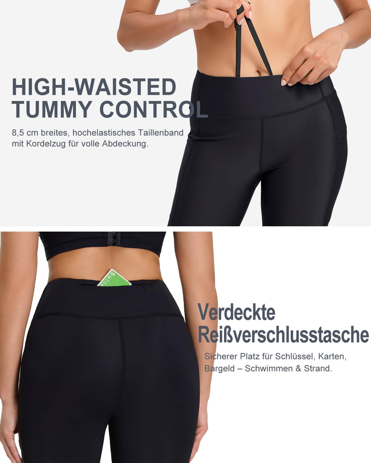 Damen Schwimm Leggings Hohe Taille UV-Schutz UPF 50+ Badehose Lang Schnelltrocknend Chlorresistent Badeleggings mit Innenslip und Taschen