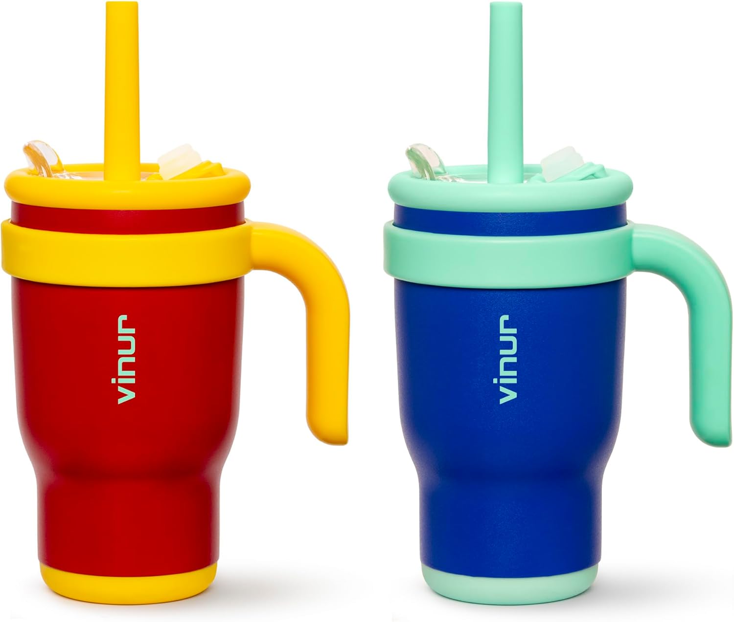 VINUR 14 oz Kids Tumbler with Handle and Straw Lid-2 Pack Stainless Steel Insulated Tumbler Travel Cup with Rubber Base|Drop and Leak Resistant |Cup Holder Friendly (Canyon Red-Navy)