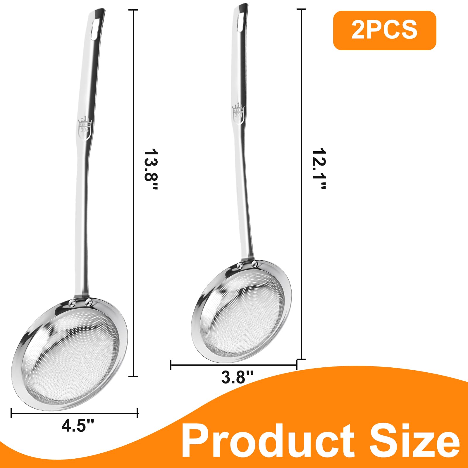 Colador de tamiz de acero inoxidable de malla fina (paquete de 2, grande y pequeño), colador de malla para aceite de cocina, cuchara espumadora, filtro de grasa, colador de alimentos, accesorios de 7