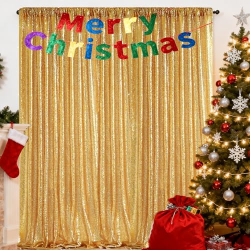 Image of Gold Sequin Backdrop Curtains,2 Panels 4FTx8FT Gold Curtain Backdrop Glitter Party Decorations Background Drapes for Wedding Birthday Anniversary Graduation Photo Booth Decor