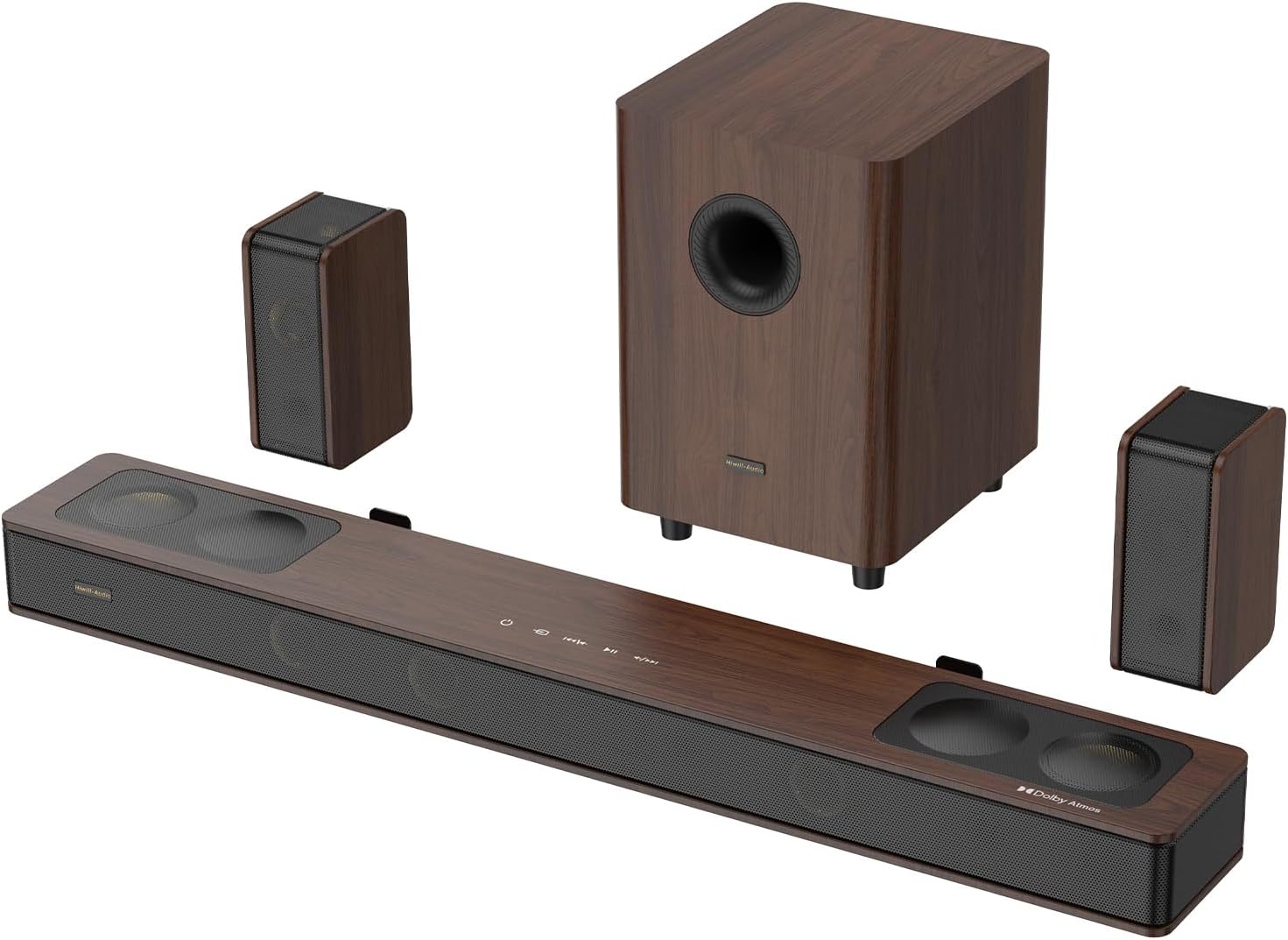 Flagship 5.3.4 Surround Sound System with Dolby Atmos, Soundbar with 2 Wireless Surrounds, 28Hz BassCoupling Tech, 800W Home Theater Sound Bar for Smart TV w/eARC, BT 5.4, Color: Brown