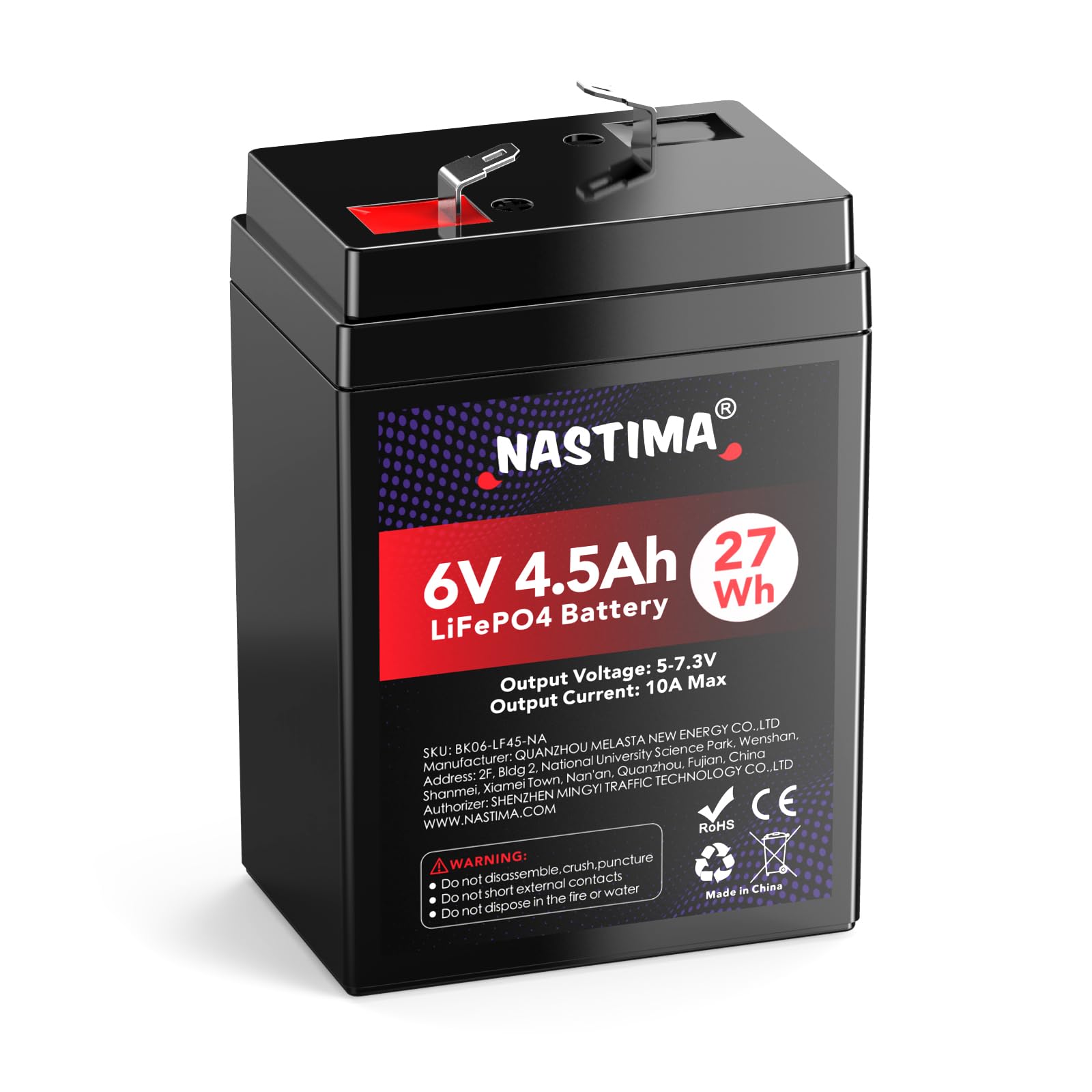 NASTIMA Batteria Ricaricabile 6V 4,5Ah LiFePO4 con Protezione BMS e Ciclo Profondo 2000, Telecamere di Sorveglianza, Macchinine per Bambini, Barche a Motore, Campeggio, Pannelli Solari