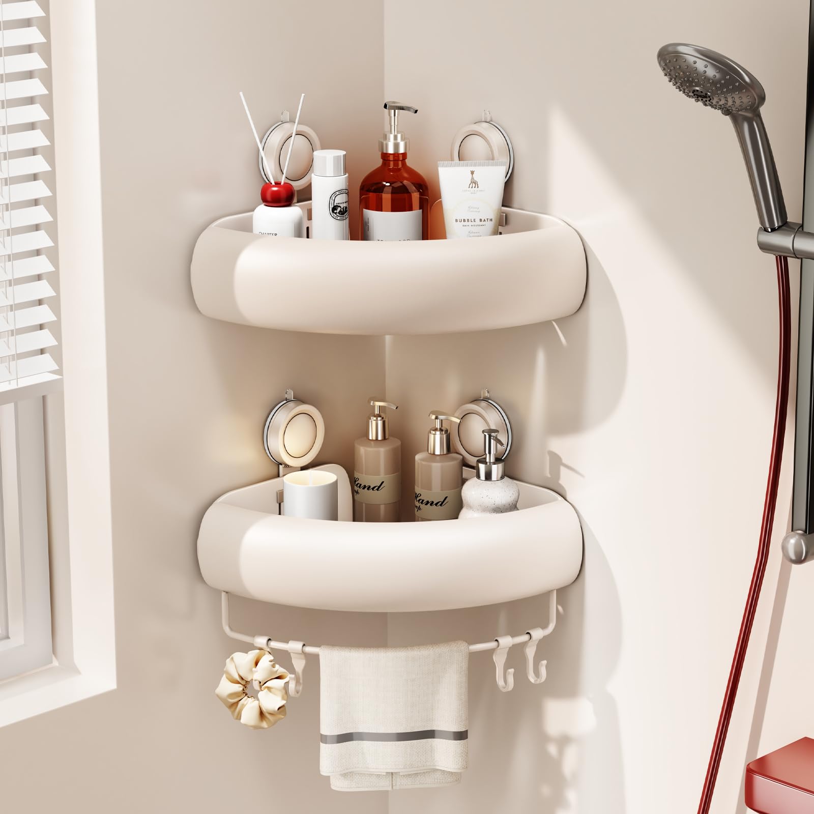 Voldra Estanteria Ducha Esquinera Ventosas, Estanteria Organizador BañO Sin Taladro con Barra de Toalla y Ganchos Estante Ducha Esquinera BañO Pared Bathroom Corner Shower Caddy(2 Piezas, Blanco)
