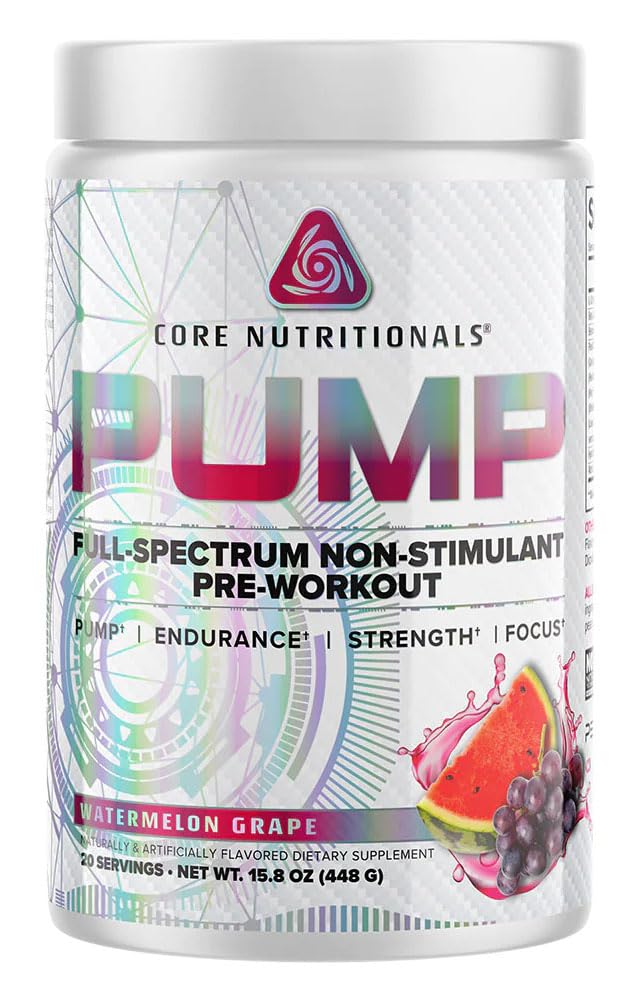 Core Nutritionals Pump Full-Spectrum Non-Stimulant Pre-Workout, with N03T® Nitrate, Peak02®, Alpha GPC, for Maximum Pump, Strength, and Performance 20 Servings (Watermelon Grape)