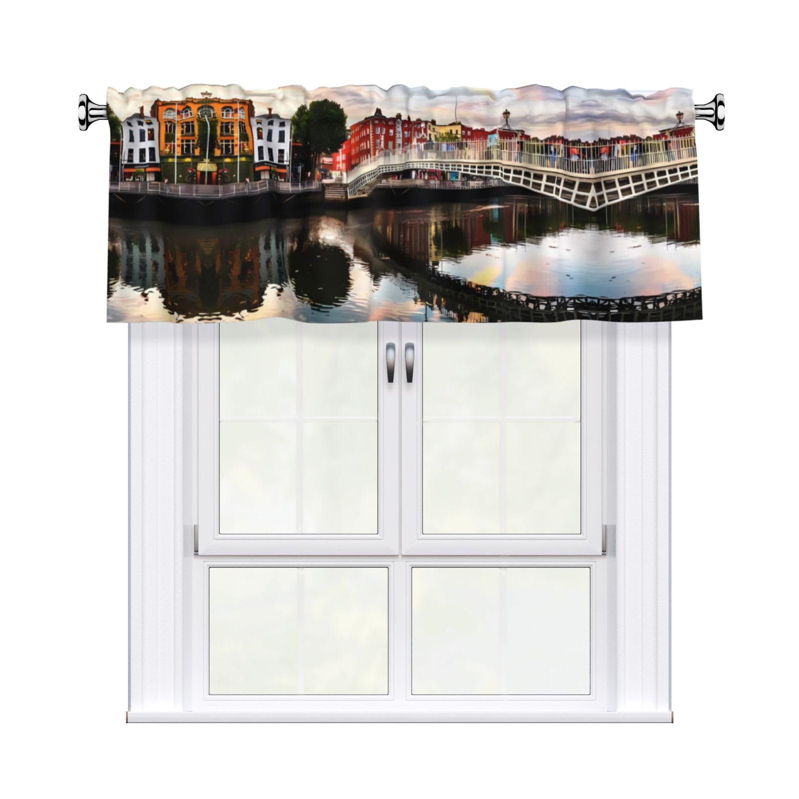 HJFCZH WHJSSF Bridge Sunset River Landscape Prints 54x18in Curtain Valance - Peach Skin Polyester Kitchen Cover with Light Filtering Floral & 3" Rod Pocket