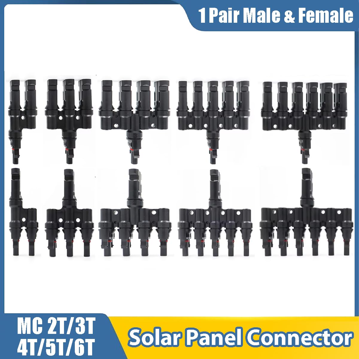 Connettori MC solari da 1 a 2/3/4/5/6T for pannelli fotovoltaici, splitter parallelo, accoppiatore, combinatore, IP67 1000 V, 1 paio(MC-10pair)