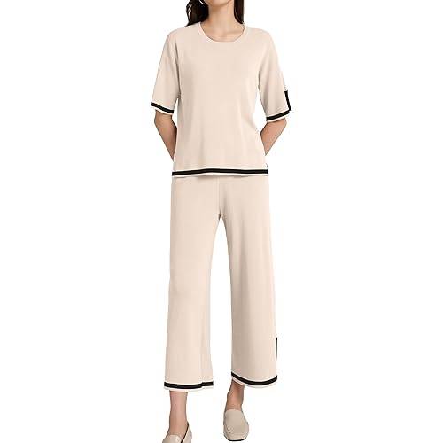 SuperPrity Women Sweater Set 2 or 3 Piece Outfits Short/Long Sleeve Knit Pullover Tops High Waist Wide Leg Pants Lounge Sets