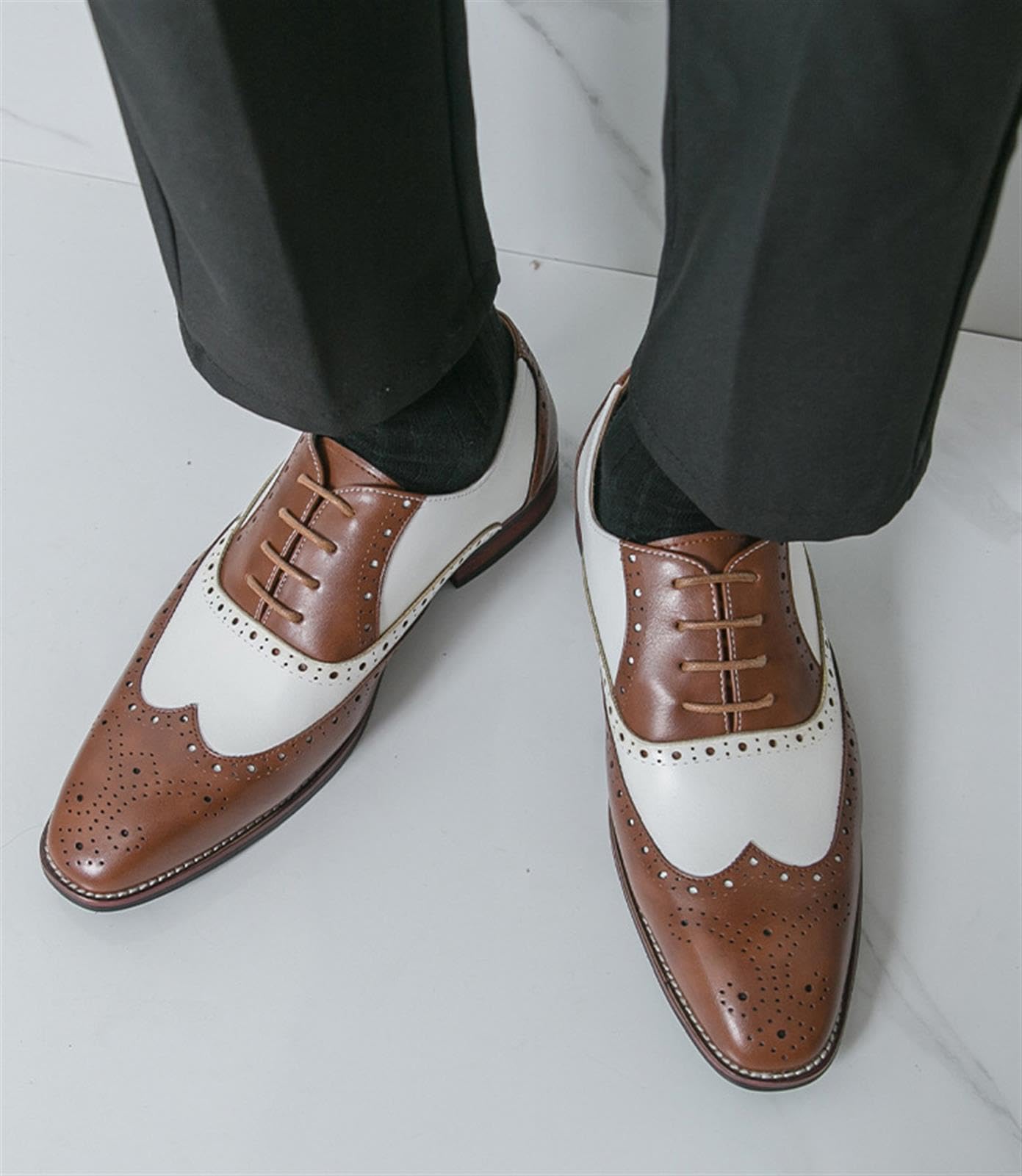 Zapatos Oxford Wingtip para Hombre, Zapatos de Vestir Brogue de Cuero de Dos Tonos, Zapatos Formales con Cordones Espectador para Boda, Fiesta o Club
