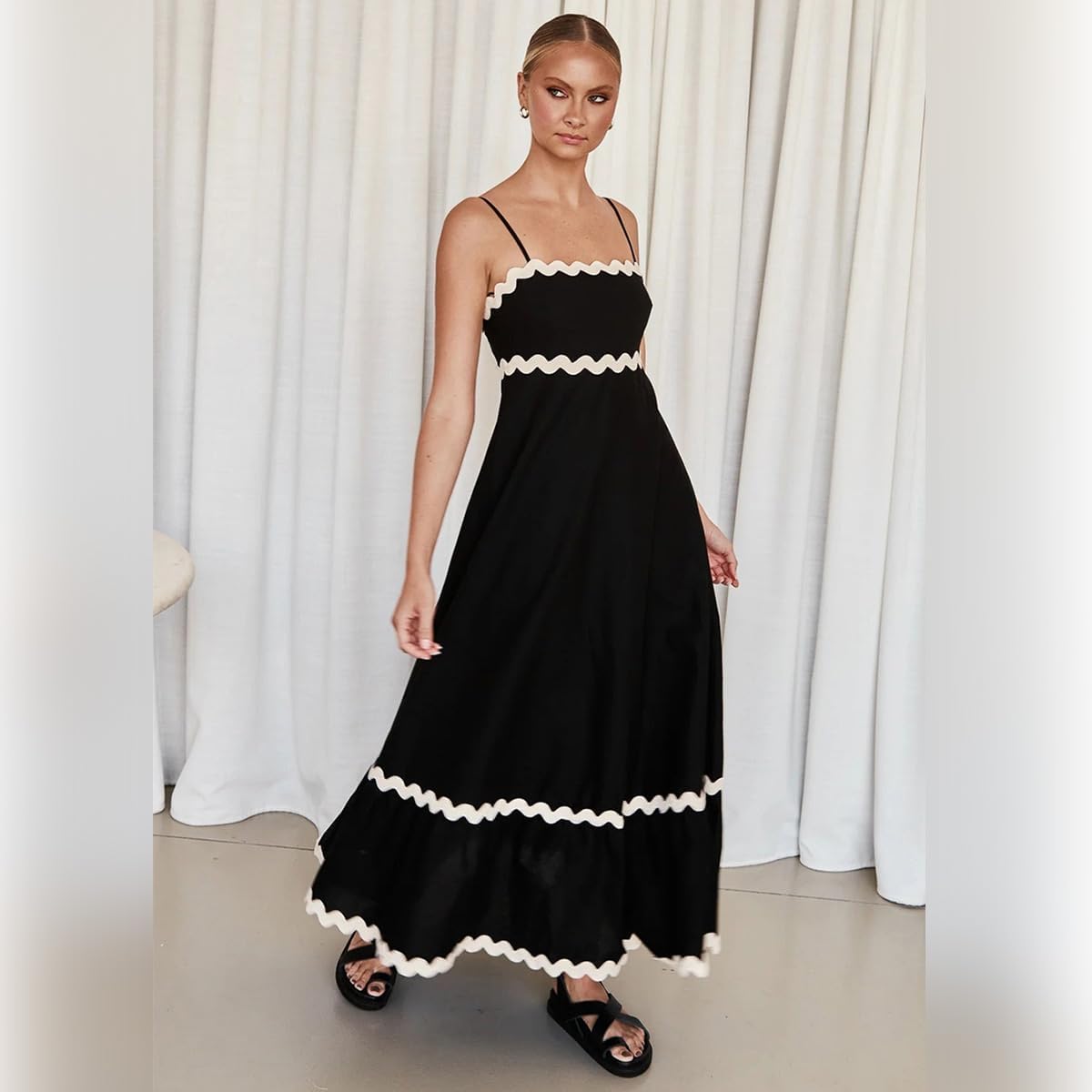 OBEEII Women Summer Dresses 2024 Vacation Boho Spaghetti Strap Backless Smocked Rickrack Trim Flowy A-line Maxi Sundress - Image 5