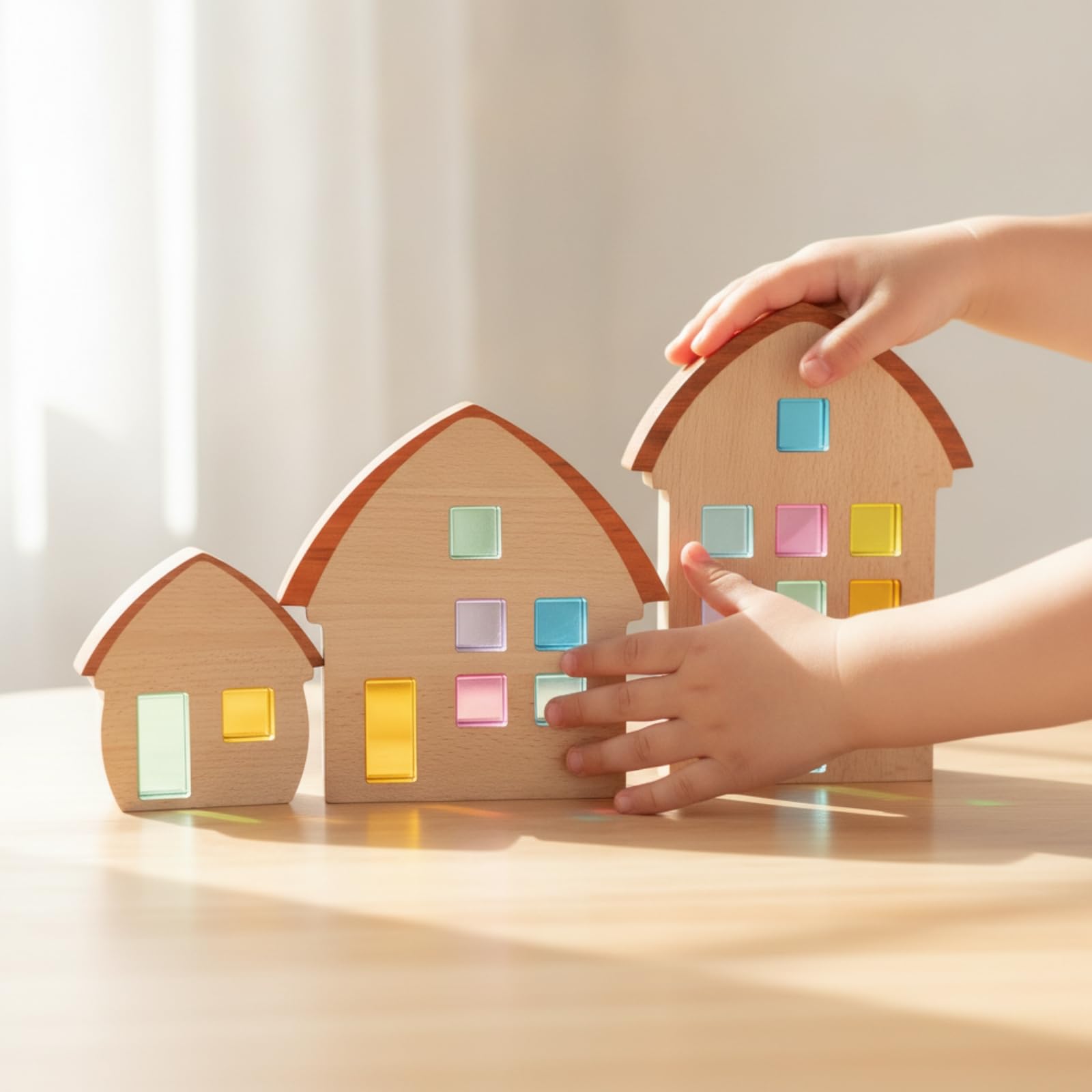 Kinder Bausteine Holz Häuser Set Bausteine Holzbausteine Holzspielzeug Deko Häuser mit Bogenförmigem Dach Und Abgerundeten Kanten aus Buche Und für Kinderzimmer Wohnzimmer Regal
