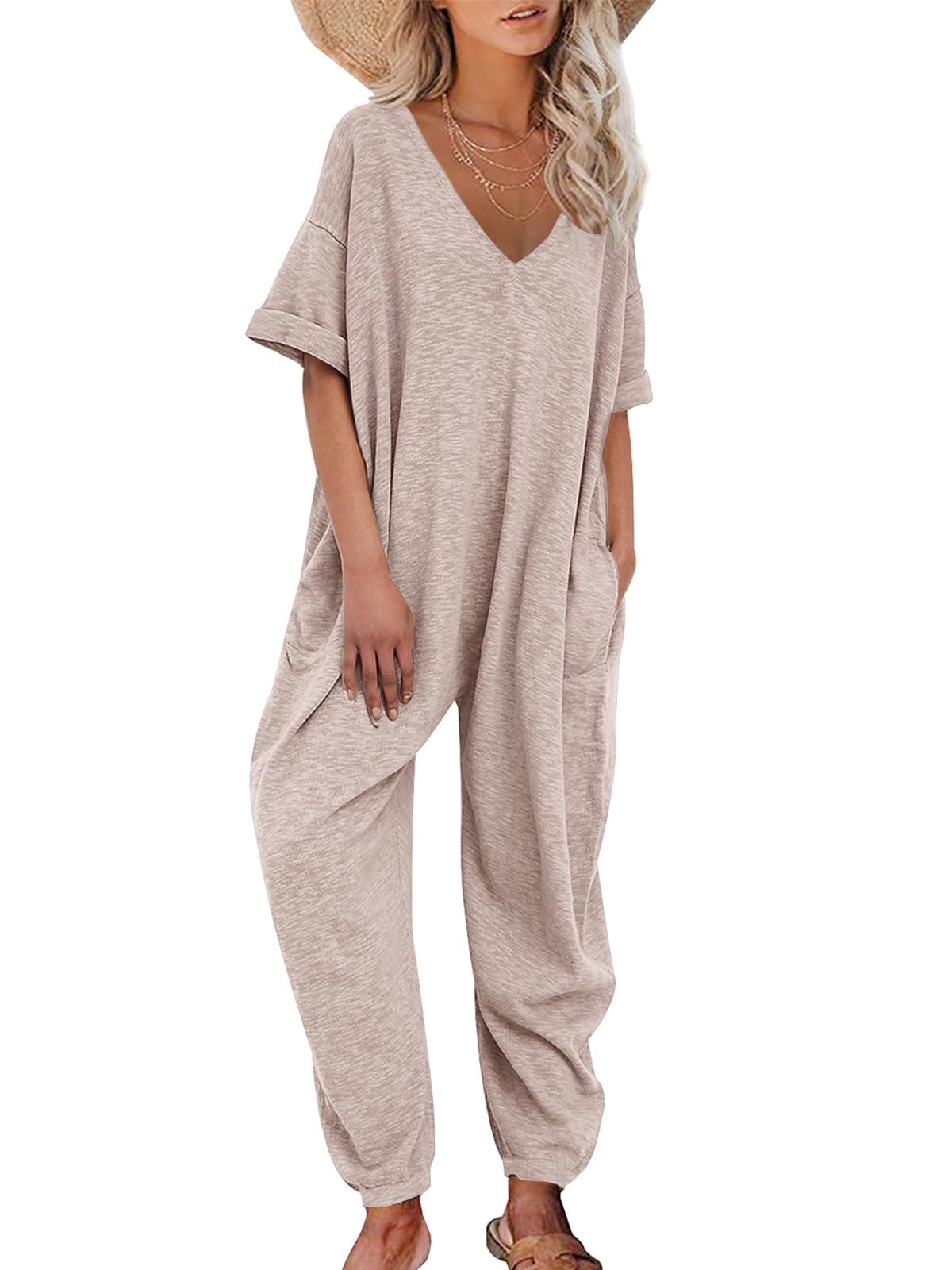Nirovien Womens Short Sleeve Jumpsuits Casual V Neck Long Rompers Beam Foot Baggy Jumpers Summer Outfits