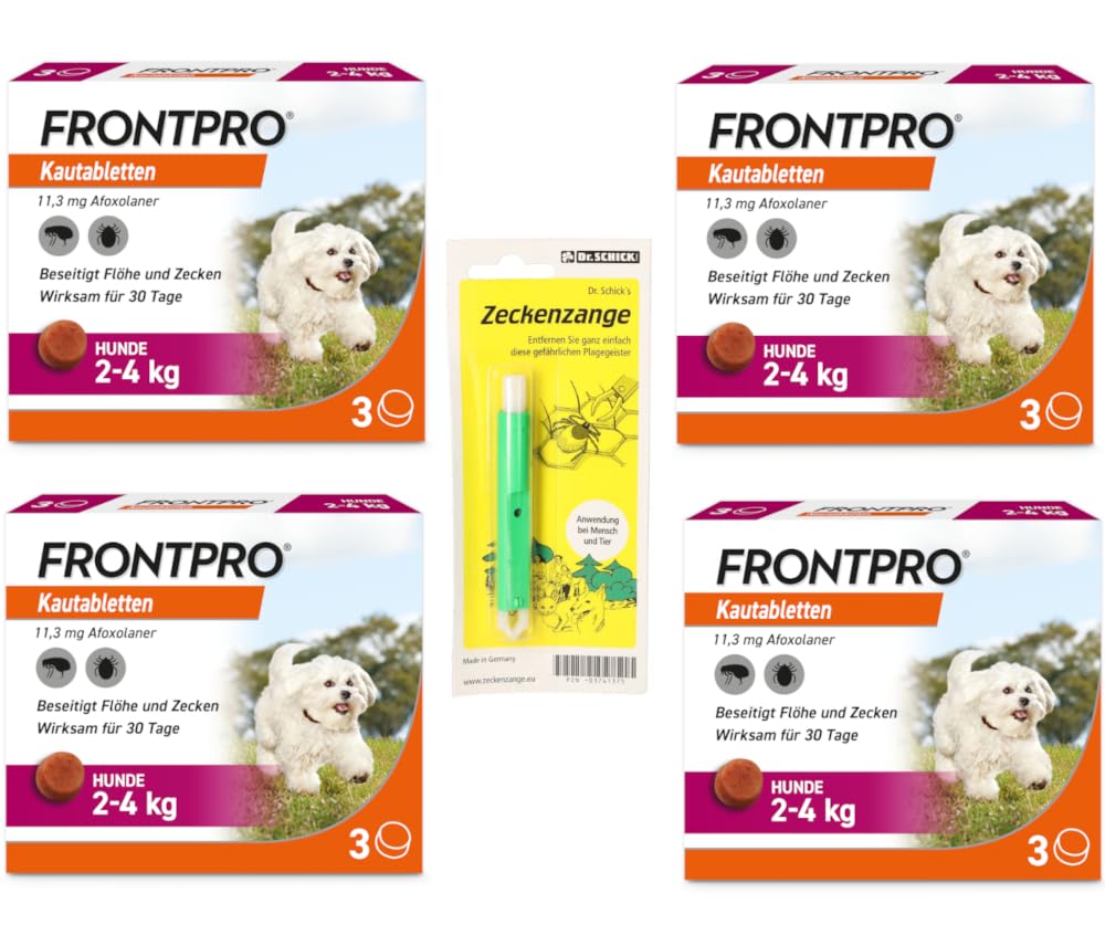 FRONTPRO Kautabletten für Hunde 2-4kg Viererpackung gegen Zecken und Flöhe mit Zeckenzange: Schutz für 30 Tage