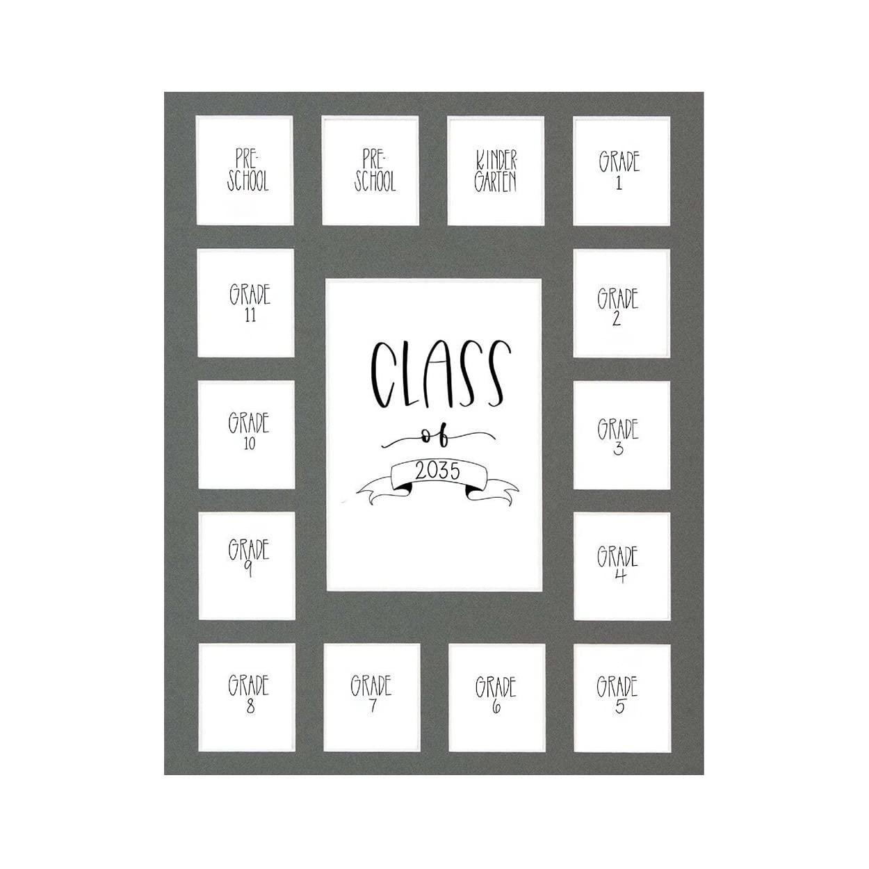 RRD Class of 2035 Photo Mat (11 x 14 ) - Photo Collage Picture Frames Mat for School Pictures School Picture Frame Pre-K to 12 Mat - No Frame Grey