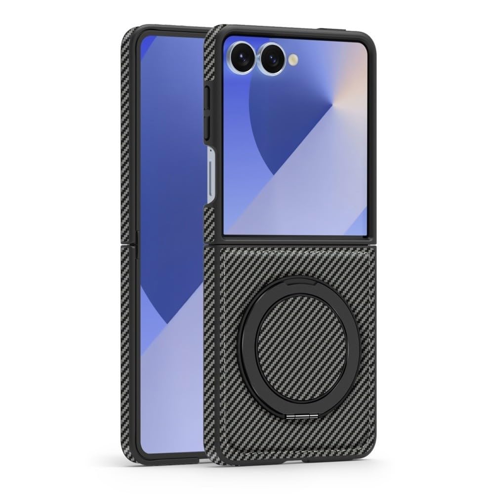Generic Pour Samsung Galaxy Z Flip 3 (couleur : gris) étui à rabat magnétique en cuir fibre de carbone avec support rotatif