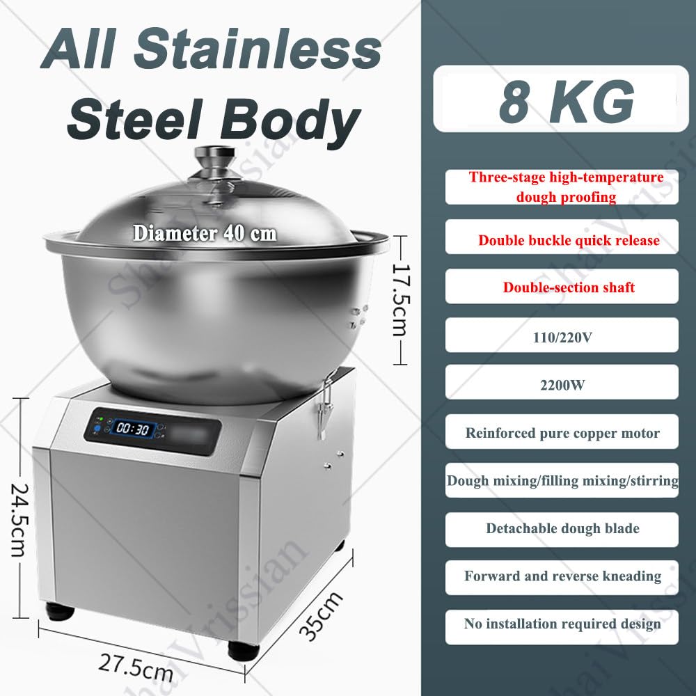 2200w Impastatrice a Spirale Commerciale,5kg/8kg,Doppia Rotazione,Ciotola in Acciaio Inox,30 Minuti Timer,per Panetteria Ristorante Pizzeria Impasto Pane 8kg