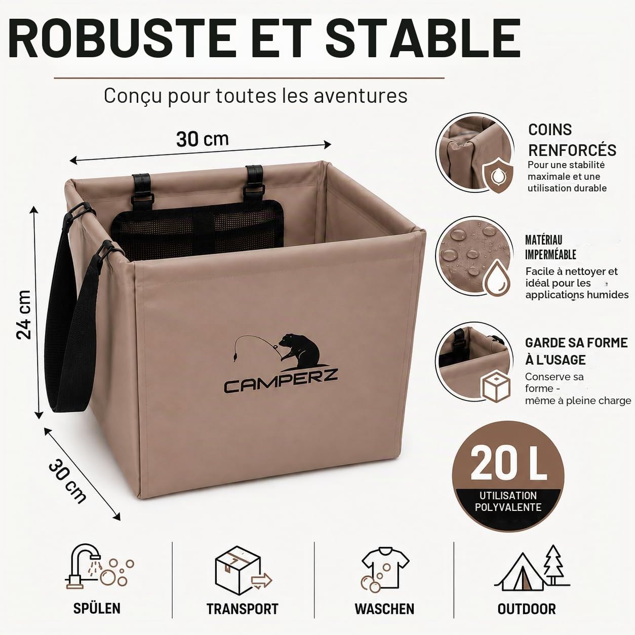Bol pliable de camping 20 l – Bac à vaisselle pliable avec poche en filet, seau pliable stable et bac de lavage pour camping-car, vanlife, pêche et extérieur – étanche, marron
