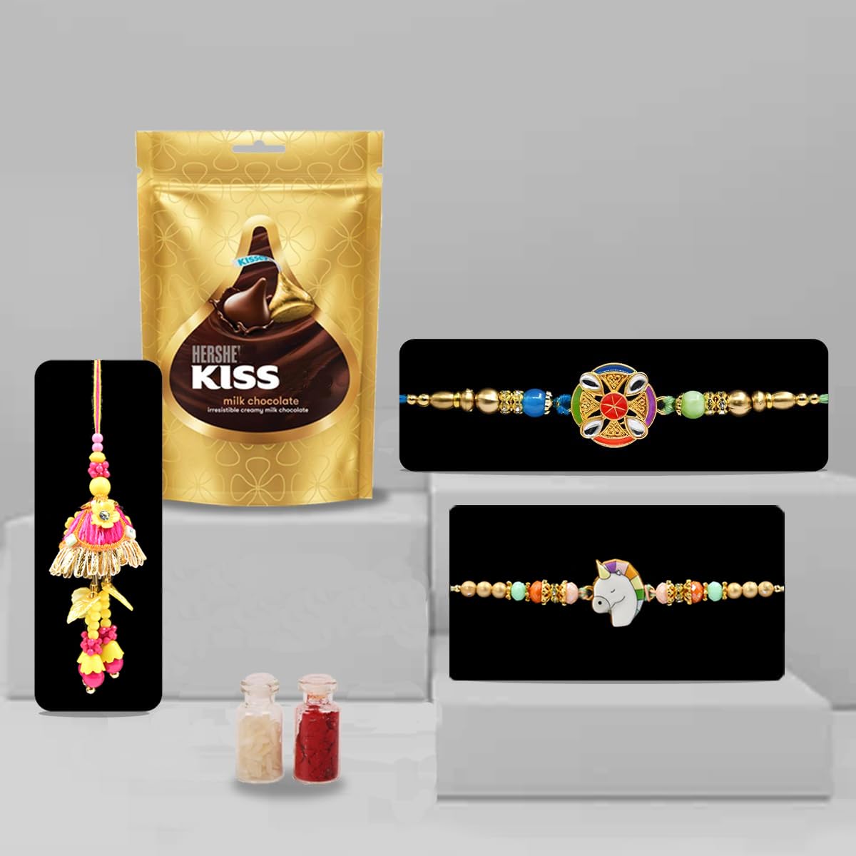 Saugat Traders Family Rakhi Set of 3 for Bhai Bhabhi and Kid with Chocolate Gift Combo - Stone Rakhi for Brother - Lumba Rakhi for Bhabhi - Cartoon Rakhi - Roli Chawal Tilak Bottle-image-22
