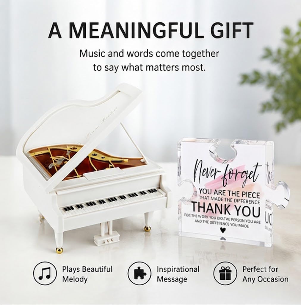 Udaney Piano Music Box & Never Forget You are The Piece Puzzle Plaque - Sentimental Appreciation Gift for Coworker, Boss, Mentor, Teacher - Unique Keepsake for Retirement, Farewell