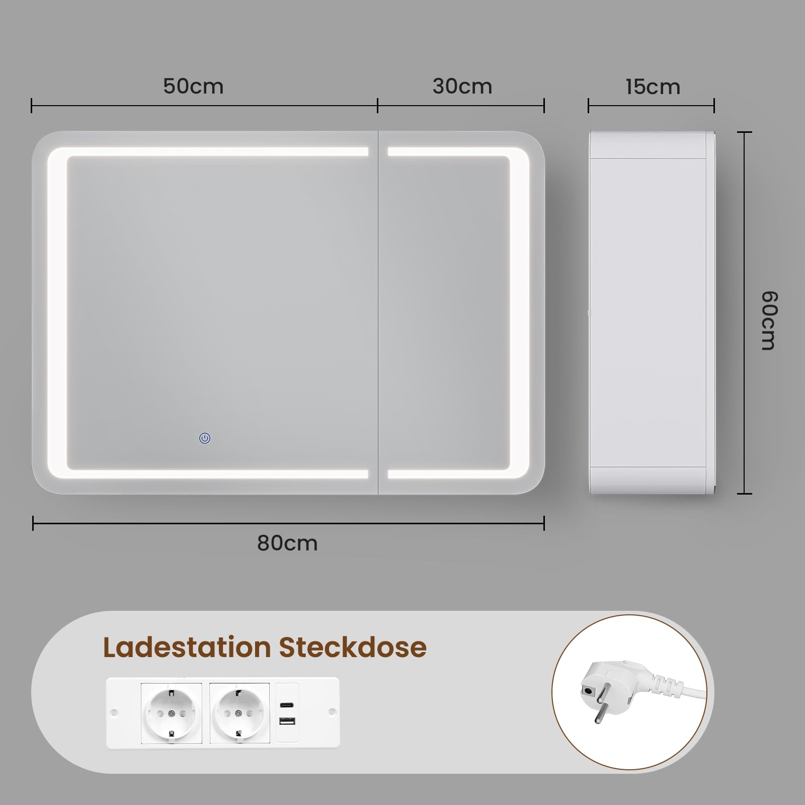 Armoire Salle de Bain Miroir avec éclairage LED & Prise, Armoire Murale Salle de Bain avec Miroir HD, 3 Étagères Réglables, Angles Arrondis, Armoire de Toilette, 16 x 80 x 60 cm, Blanc