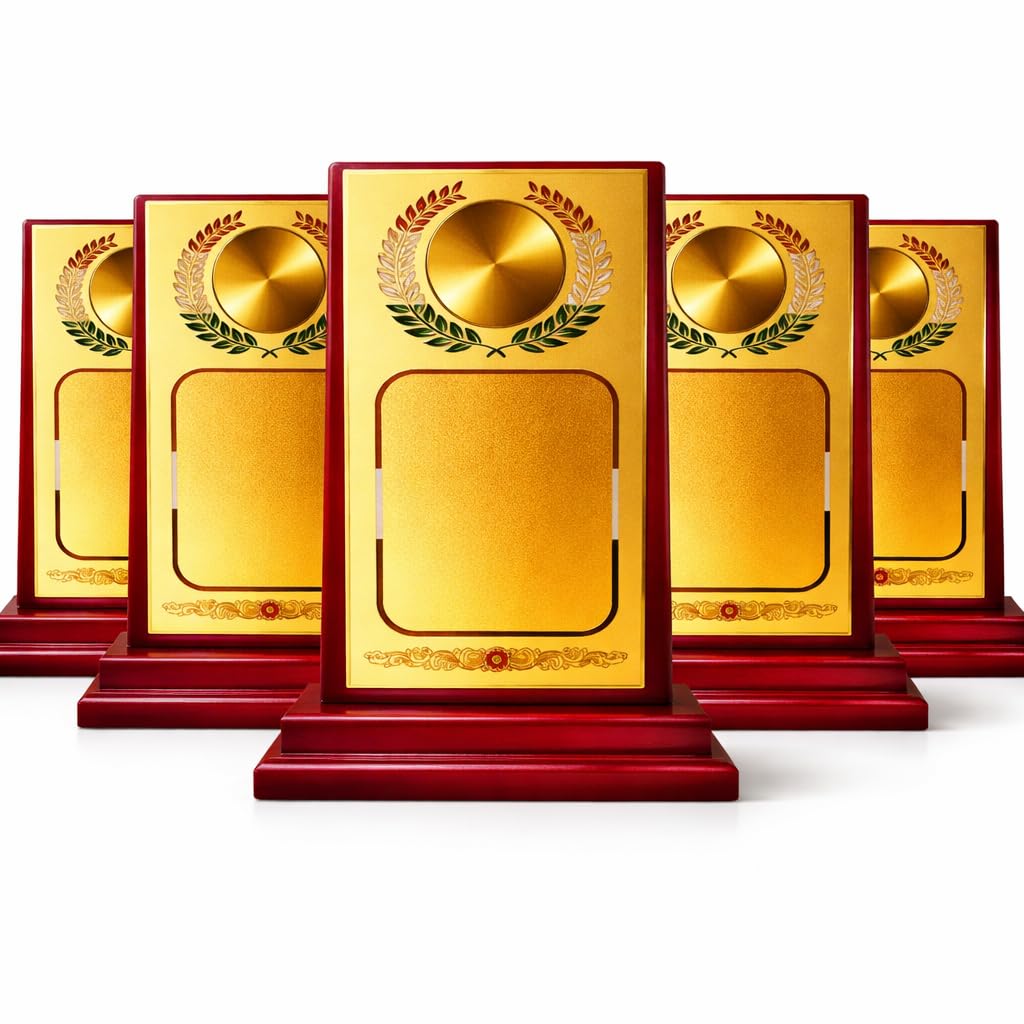 Wooden Trophy with Gold Plate, Laurel Wreath Design, Customisable Plaque, Red Base 8 inch (5)-picture-23