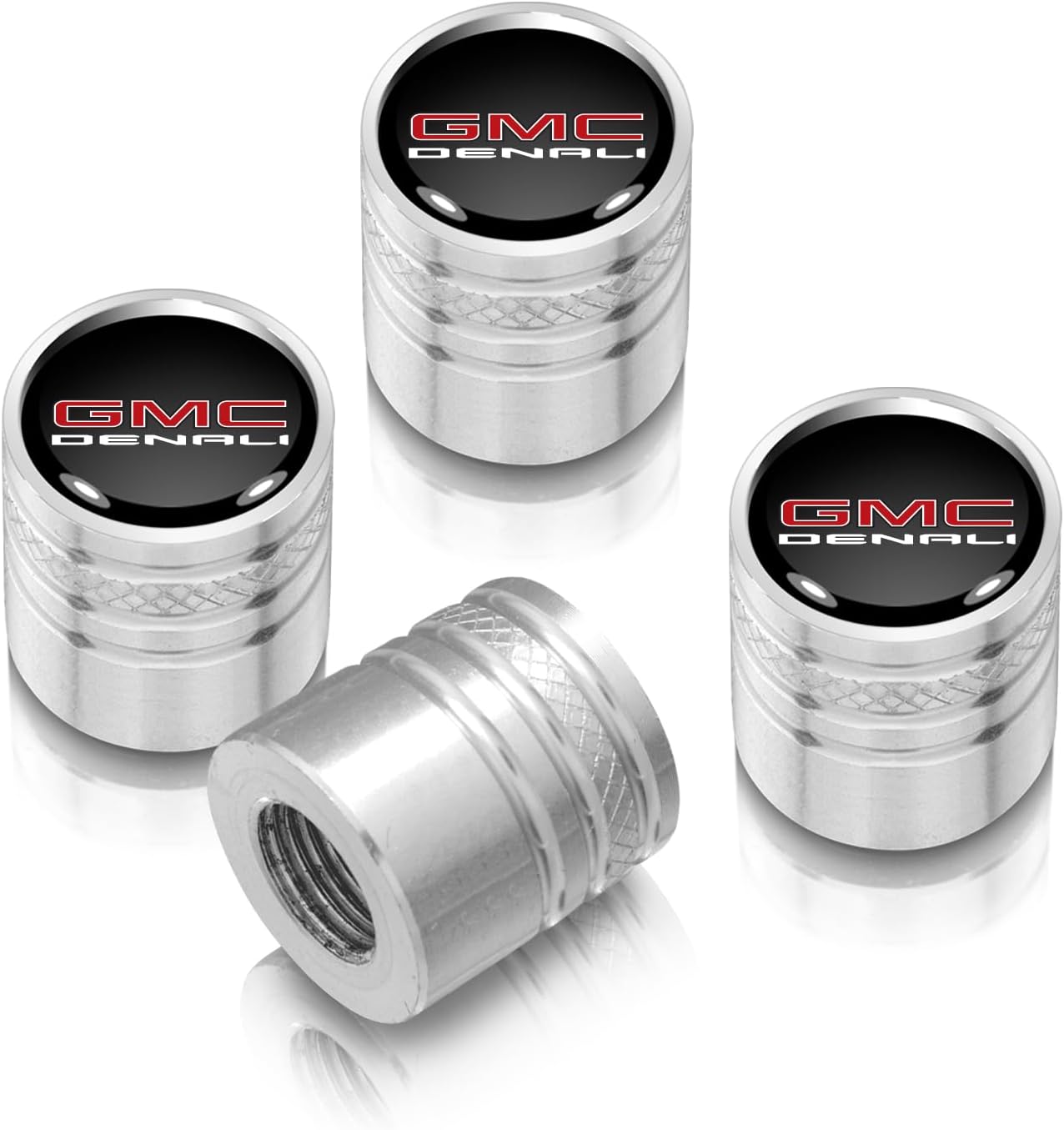 iPick Image for GMC Denali in Black on Shining Silver Aluminum Cylinder-Style Tire Valve Stem Caps