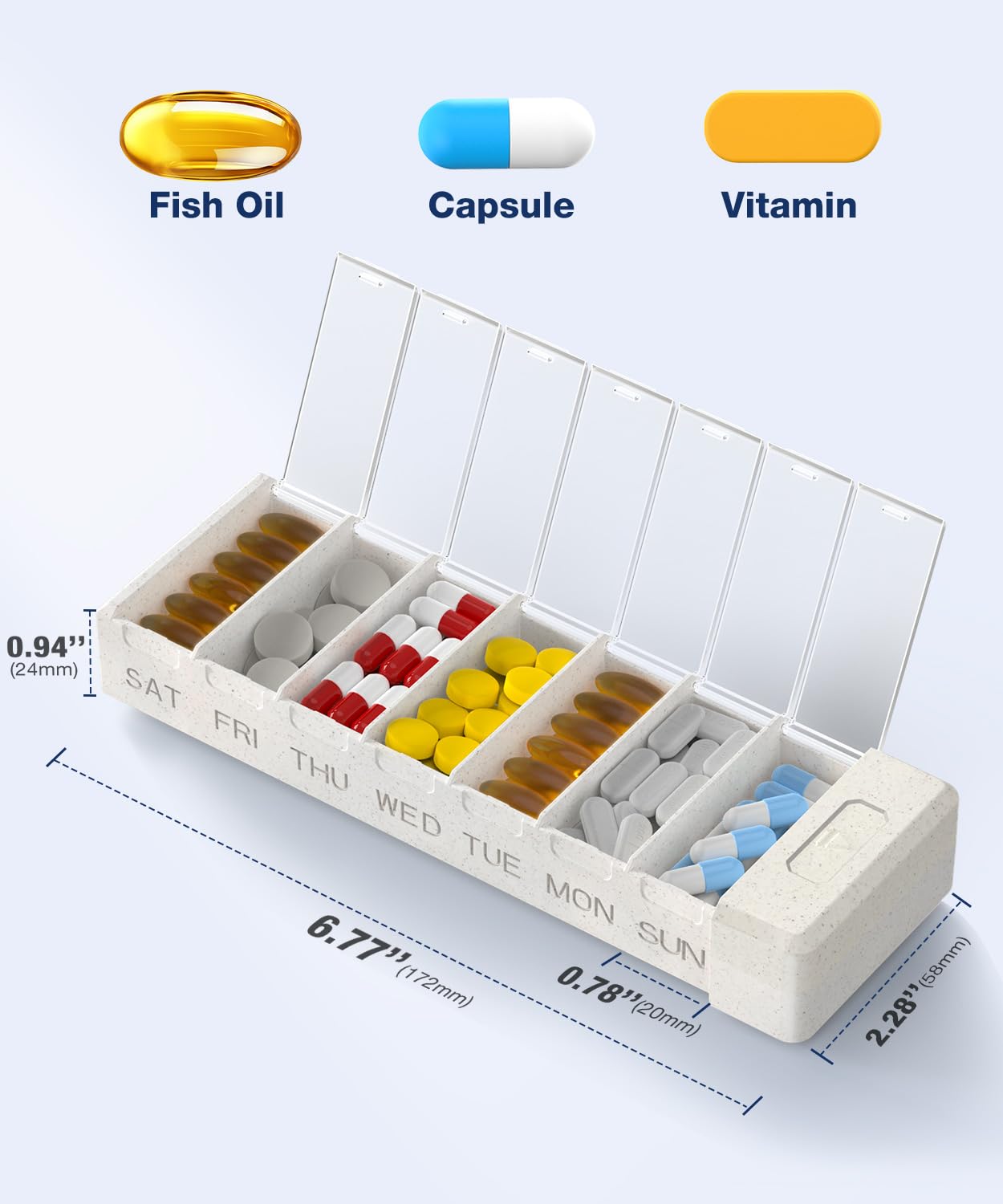 HEIYING Organisateur de Pilules pour 7 Jours – Coque en Aluminium, Compartiments pour une Semaine, Boîtier Métallique Portable pour Vitamines, Médicaments et Compléments Alimentaires