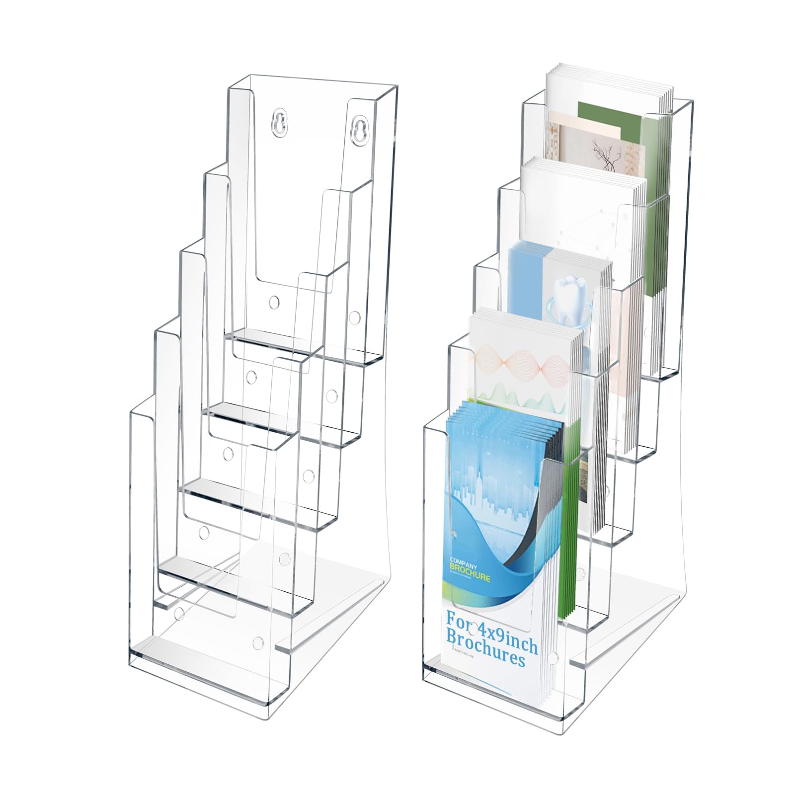 shaojian 2 Pack Acrylic Leaflet Holder 5 Tier Clear Brochure Holder Brochure Display Rack, Multi Pocket Leaflet Stand for 4"x9" Brochures Flyer, Wall Mount or Countertop