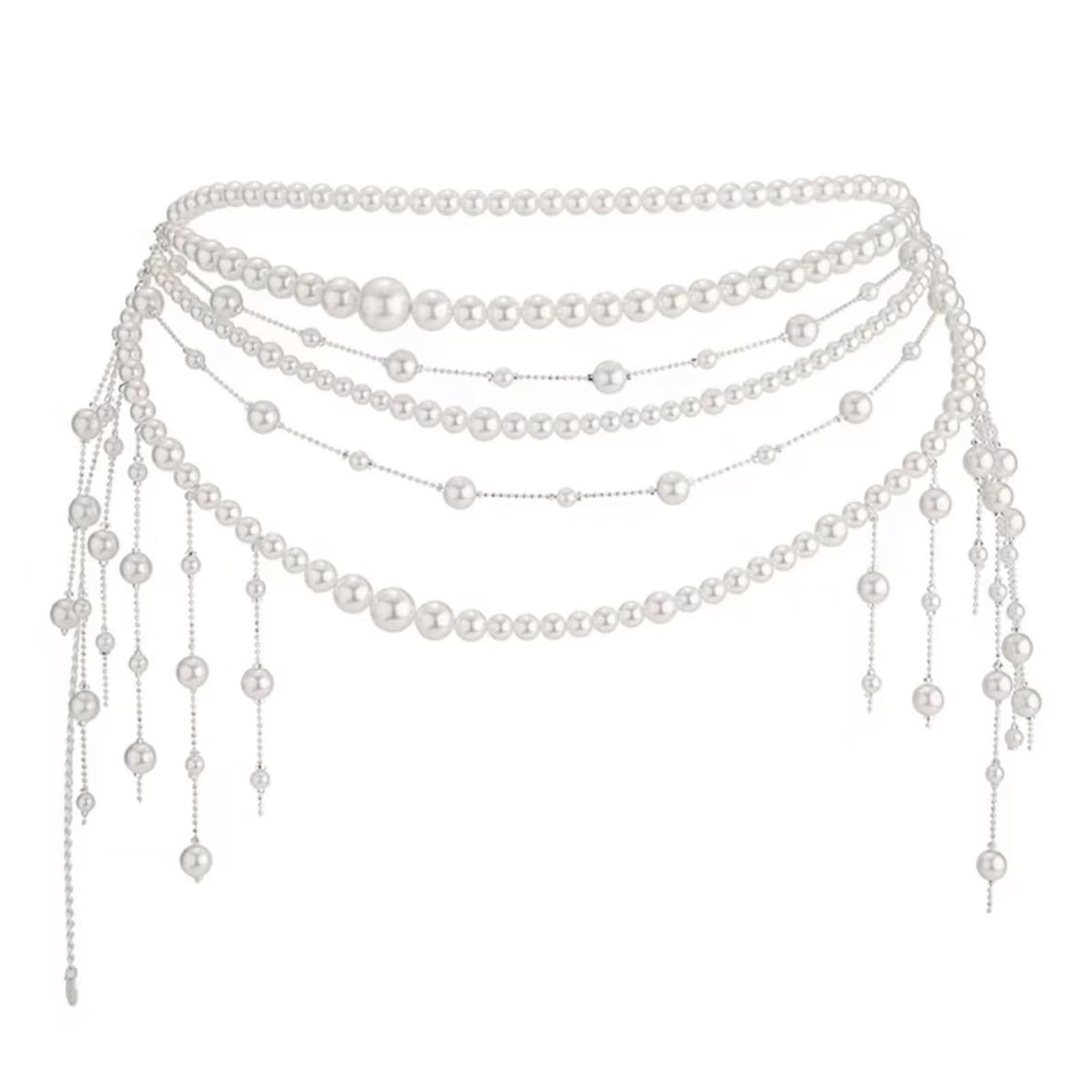 Mulit-layered White Pearl Waist Belt Festival Rave Pearl Waist Body Chain Summer Beach Beaded Tassel Belly Chain Jewelry for Women Outfit Dress-image-0